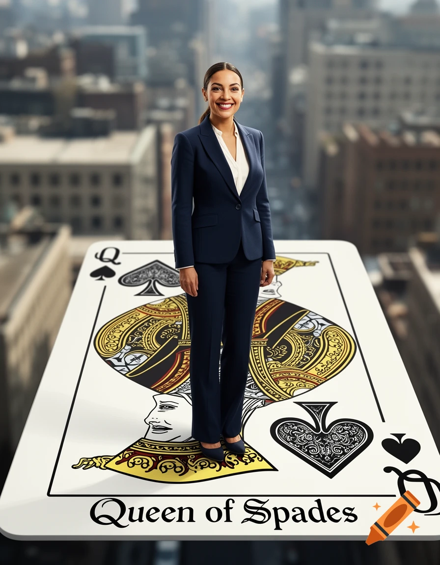 Photorealistic image of Alexandria Ocasio-Cortez in a suit, standing on a giant Queen of Spades playing card above a cityscape.