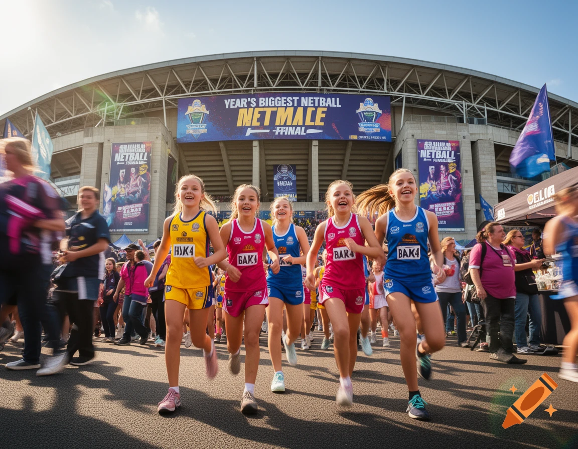 A group of smiling girls in sports uniforms running excitedly towards a stadium, with banners for a netball final visible in the background.