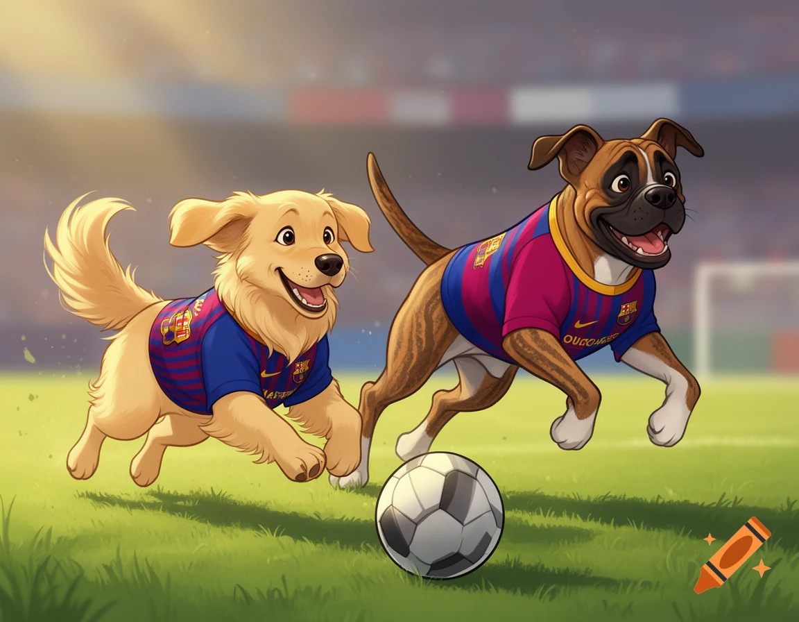 Animated golden retriever and boxer dogs in FC Barcelona jerseys play soccer on a green field in a stadium.