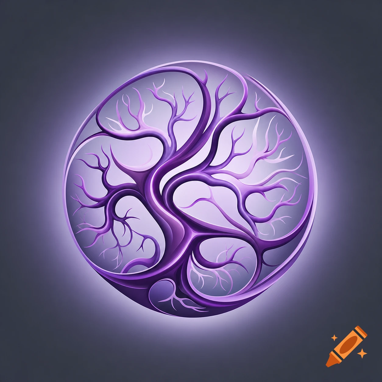 An abstract purple and light purple tree-like or vein-like structure forms a glowing circular emblem on a dark gray background.