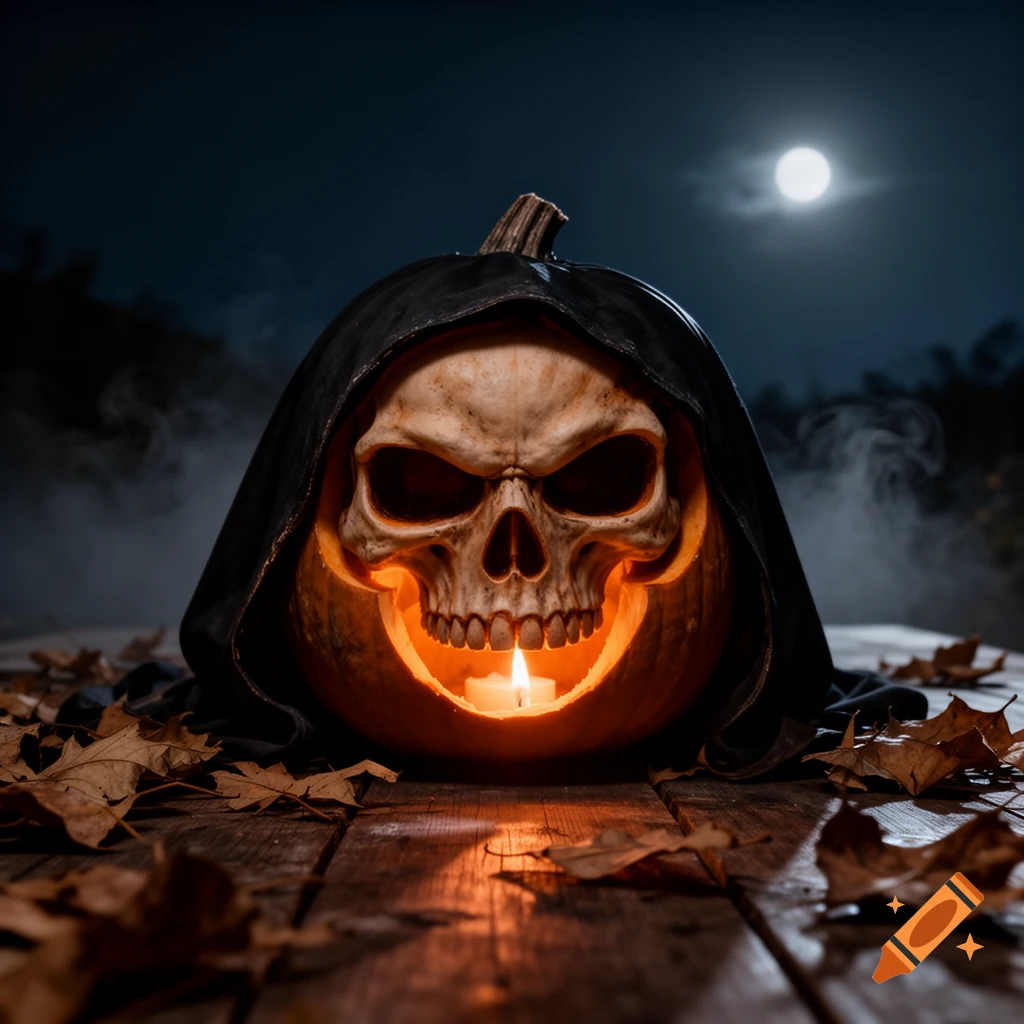 A spooky skull-carved pumpkin wearing a dark cloak, glowing with a candle, on a wooden surface with autumn leaves under a full moon.