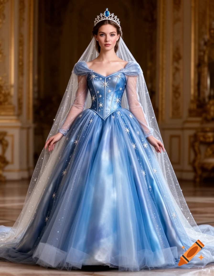 A young woman in a shimmering blue ball gown with star patterns and a sheer veil, wearing a silver tiara with a blue gem, standing in a regal hall. Photorealistic.