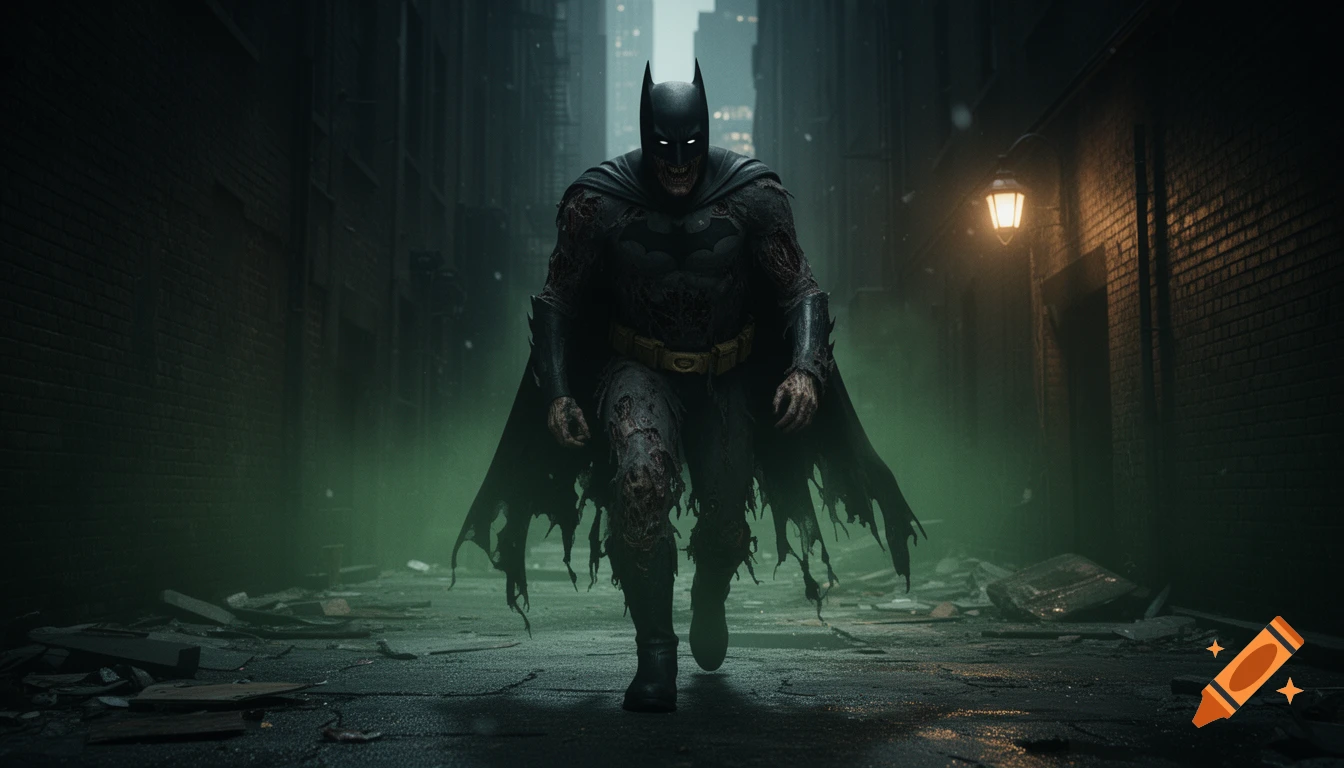 A zombie Batman with torn suit and glowing eyes walks sinisterly through a dark, debris-filled alley with green fog and a single street lamp, in a horror movie atmosphere.
