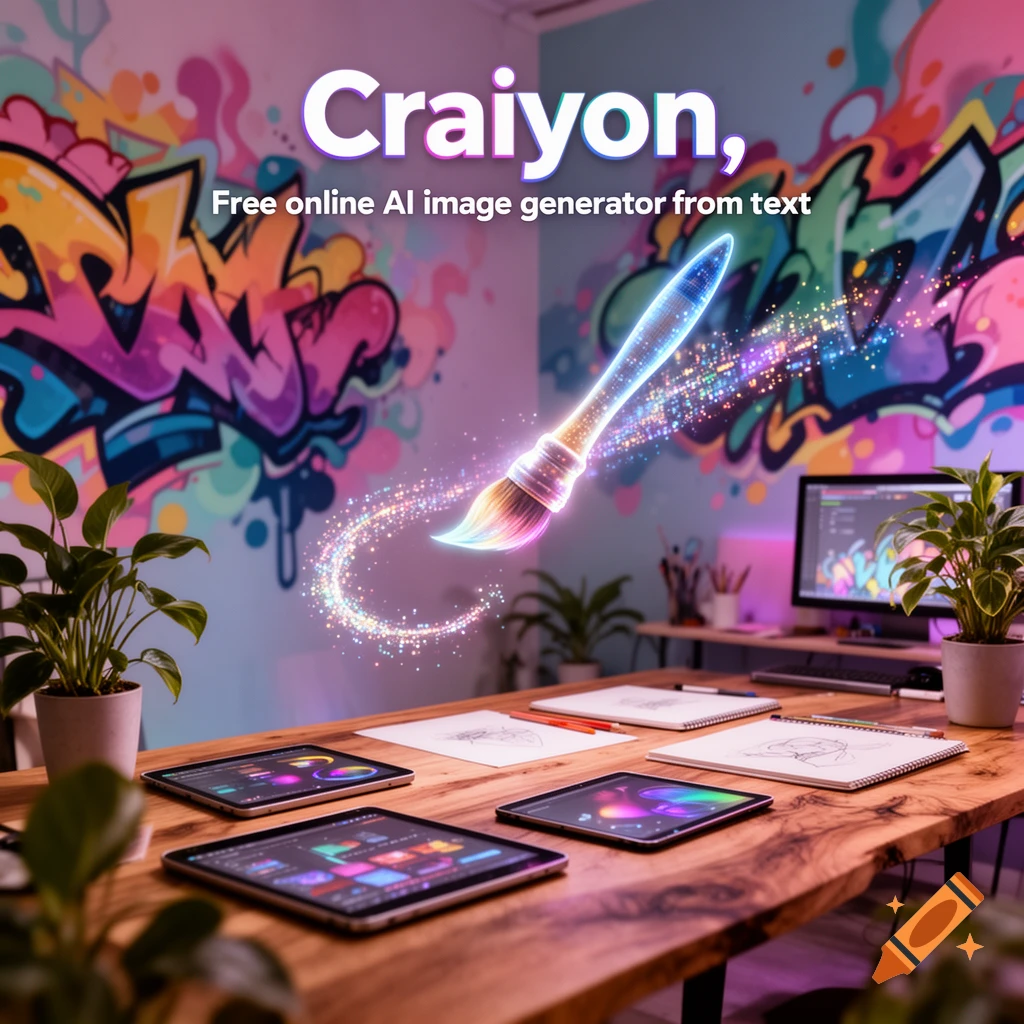 A vibrant creative workspace with graffiti walls, a glowing AI paintbrush, tablets on a wooden desk, and text "Craiyon, Free online AI image generator from text".