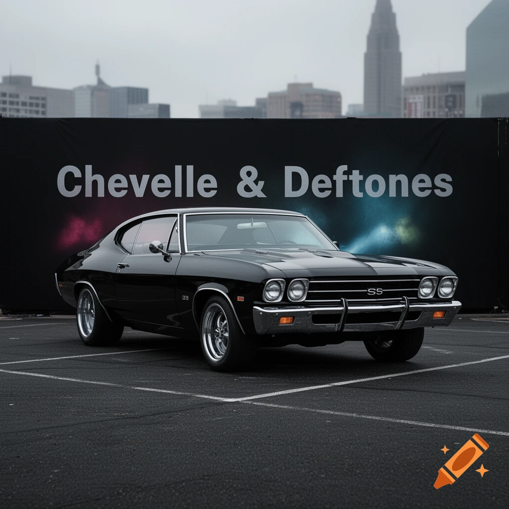 A black classic Chevrolet Chevelle SS parked in a city lot with a banner reading 'Chevelle & Deftones' in the background.
