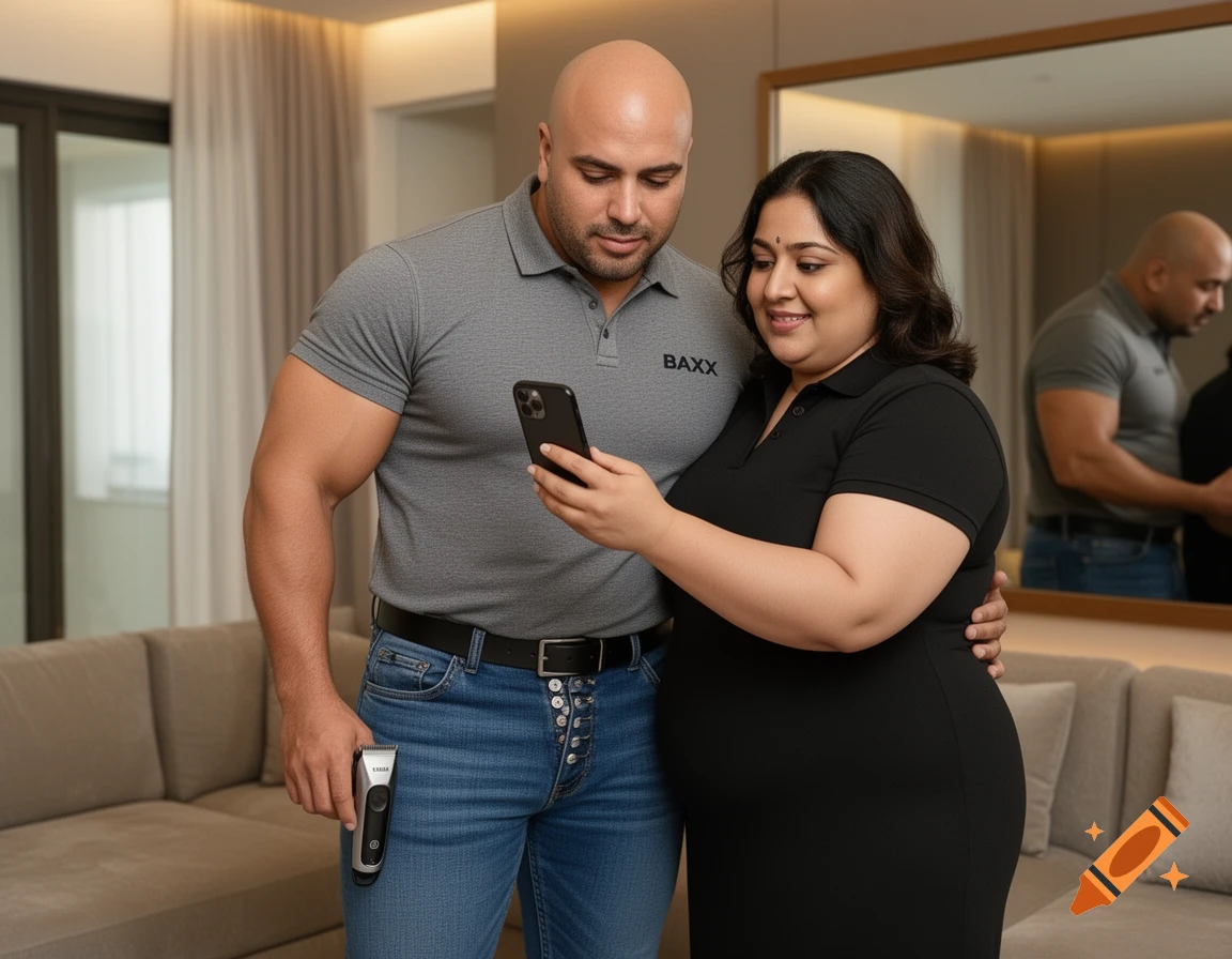 A muscled man in a grey polo and jeans with a woman in a black dress look at a smartphone in their modern home. He holds a hair clipper.