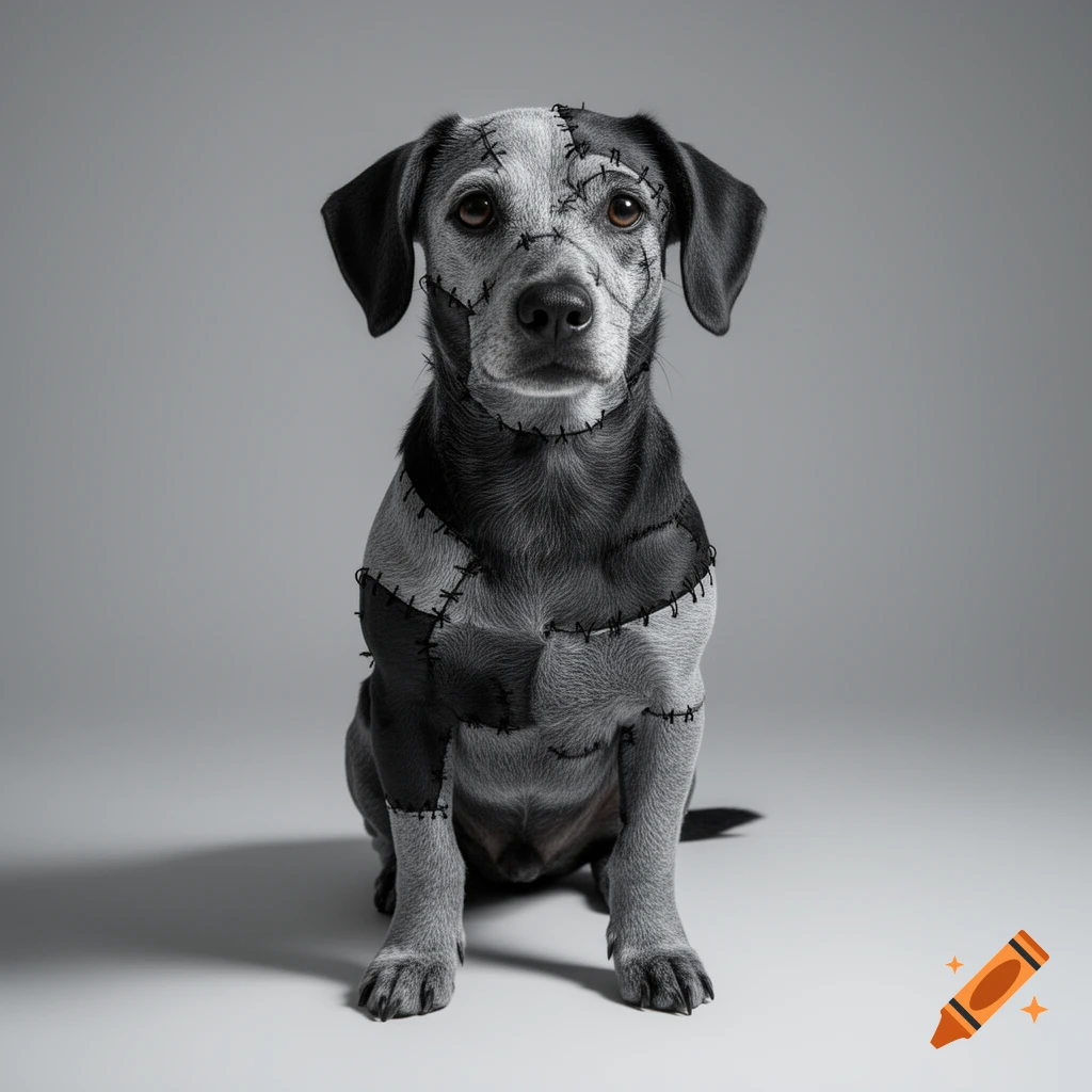 A photorealistic black and white dog resembling Frankenstein's monster, with visible stitches and patches, sits on a gray background.