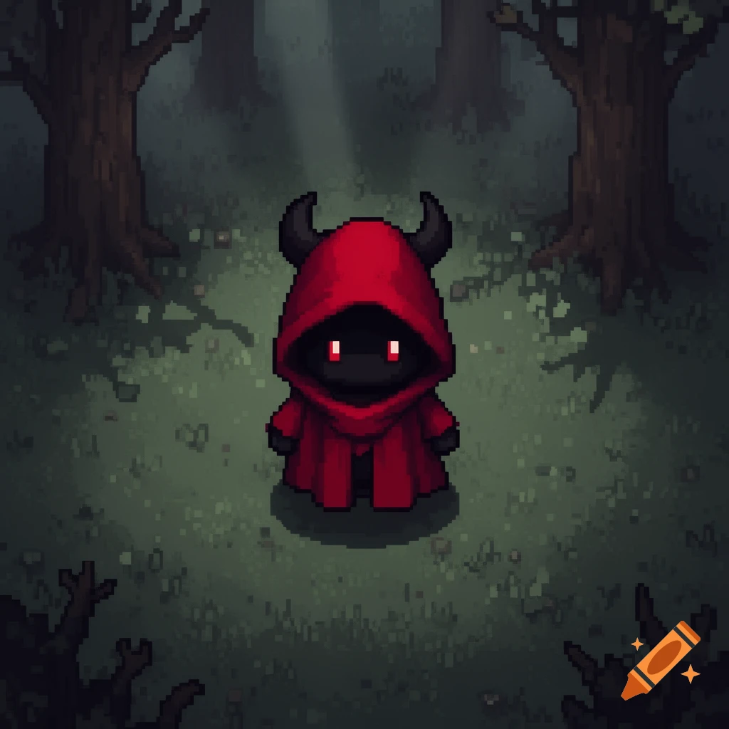 A small, dark pixel art figure with horns and glowing red eyes wears a red hooded cloak in a dark, misty forest.