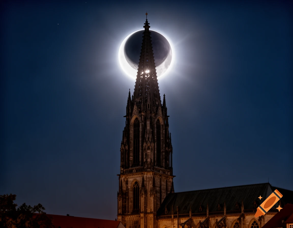 Gothic cathedral spire silhouetted against a dark sky with a solar eclipse centered behind it, glowing brightly.