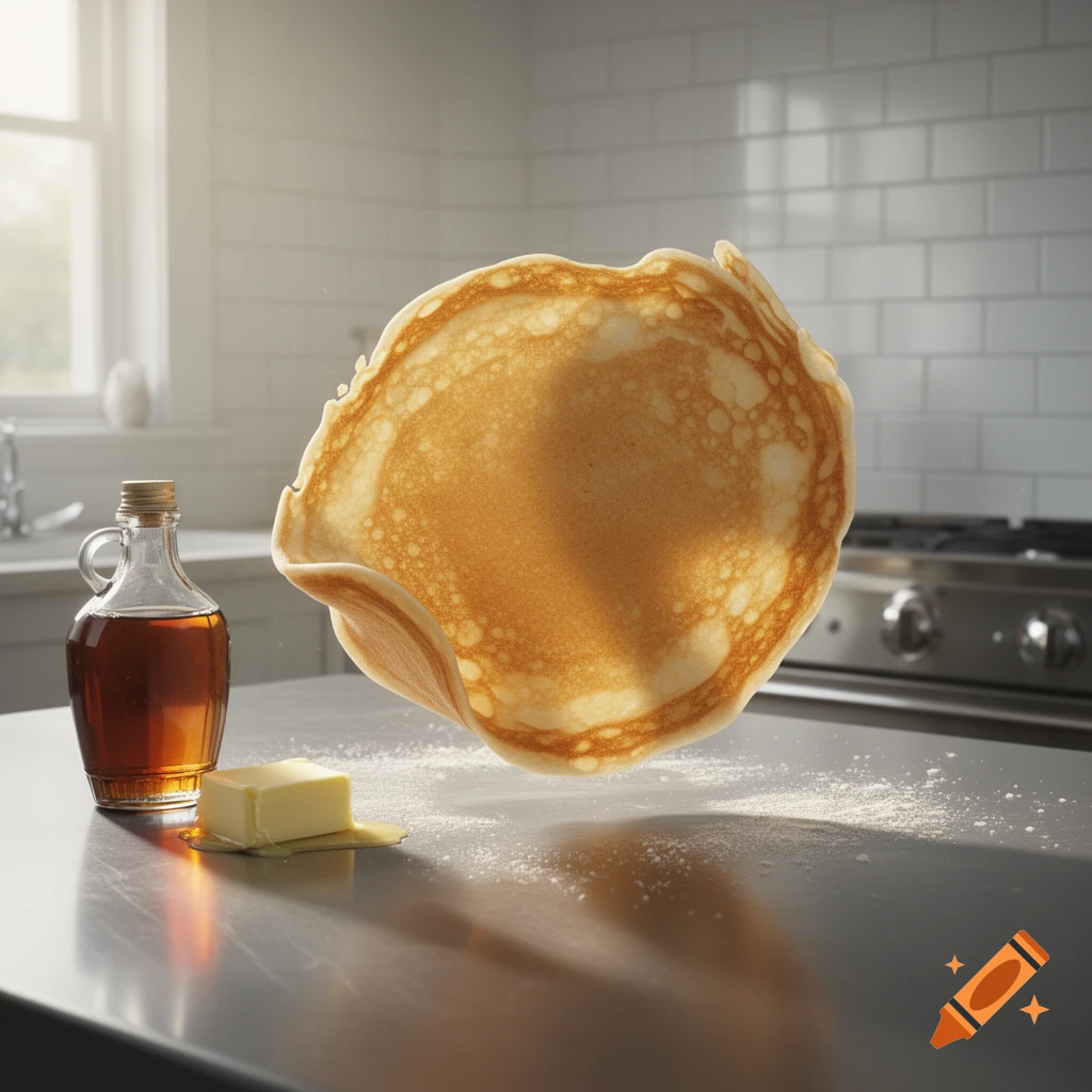 A pancake floats in mid-air above a kitchen counter, with maple syrup and butter nearby, as if dancing.
