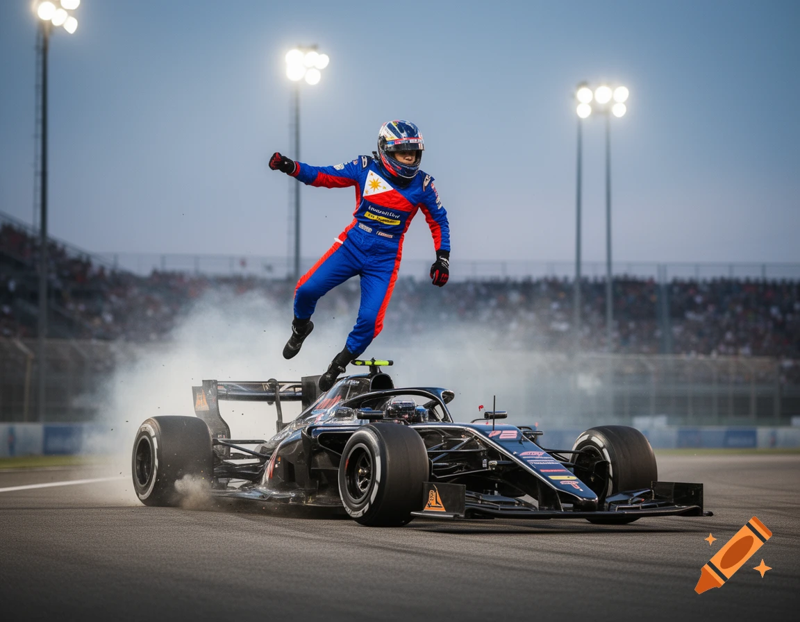 A race car driver in a blue and red suit jumps from a black open-wheel race car on a track at dusk, smoke rising from the car.