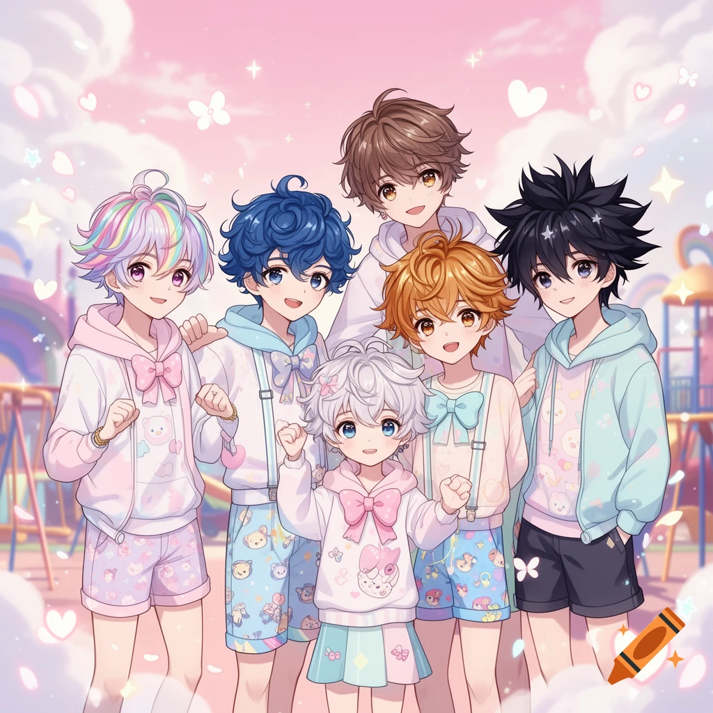 Six anime-style boys with various hair colors wearing pastel clothing in a whimsical, soft pink playground setting.