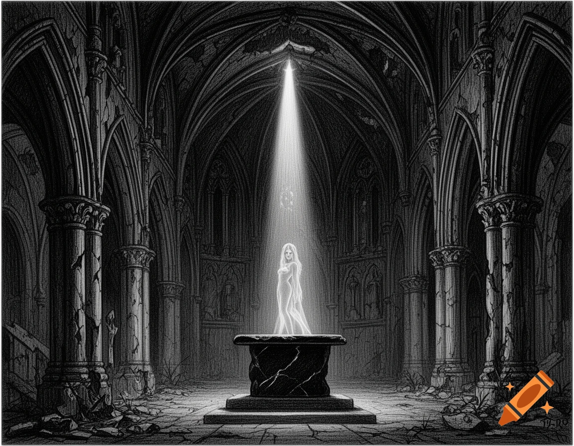 A glowing ethereal woman stands on a dark altar in a ruined, dark gothic cathedral, rendered in a high-contrast black and white pencil sketch style.