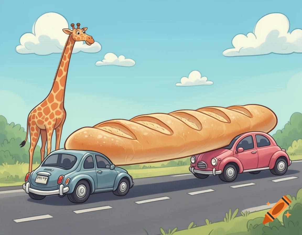 Humorous cartoon of a giraffe on a road next to a giant baguette being carried by two small cars.