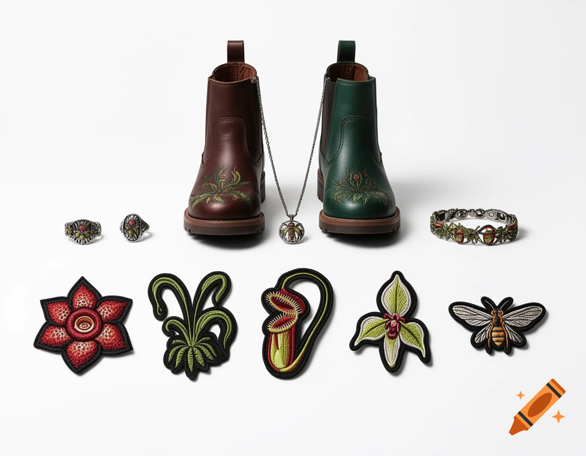 A flat lay of two leather boots, jewelry, and embroidered patches featuring carnivorous plants and insects on a white background.