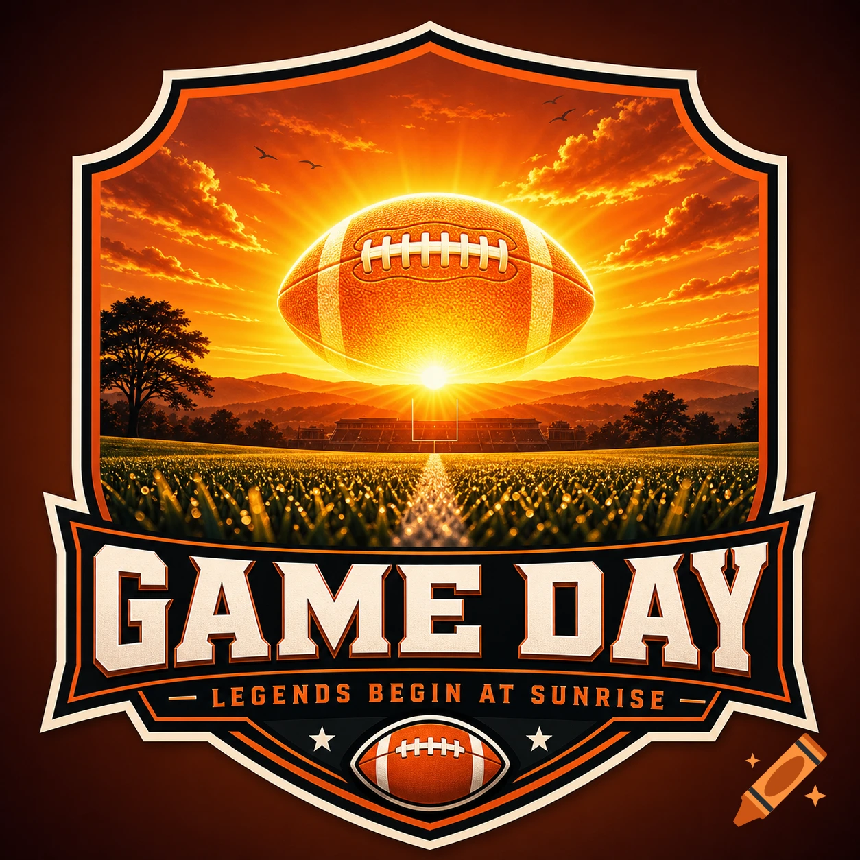 A football logo featuring an American football as a radiant sun over a stadium at sunrise. Text reads 'GAME DAY LEGENDS BEGIN AT SUNRISE'.