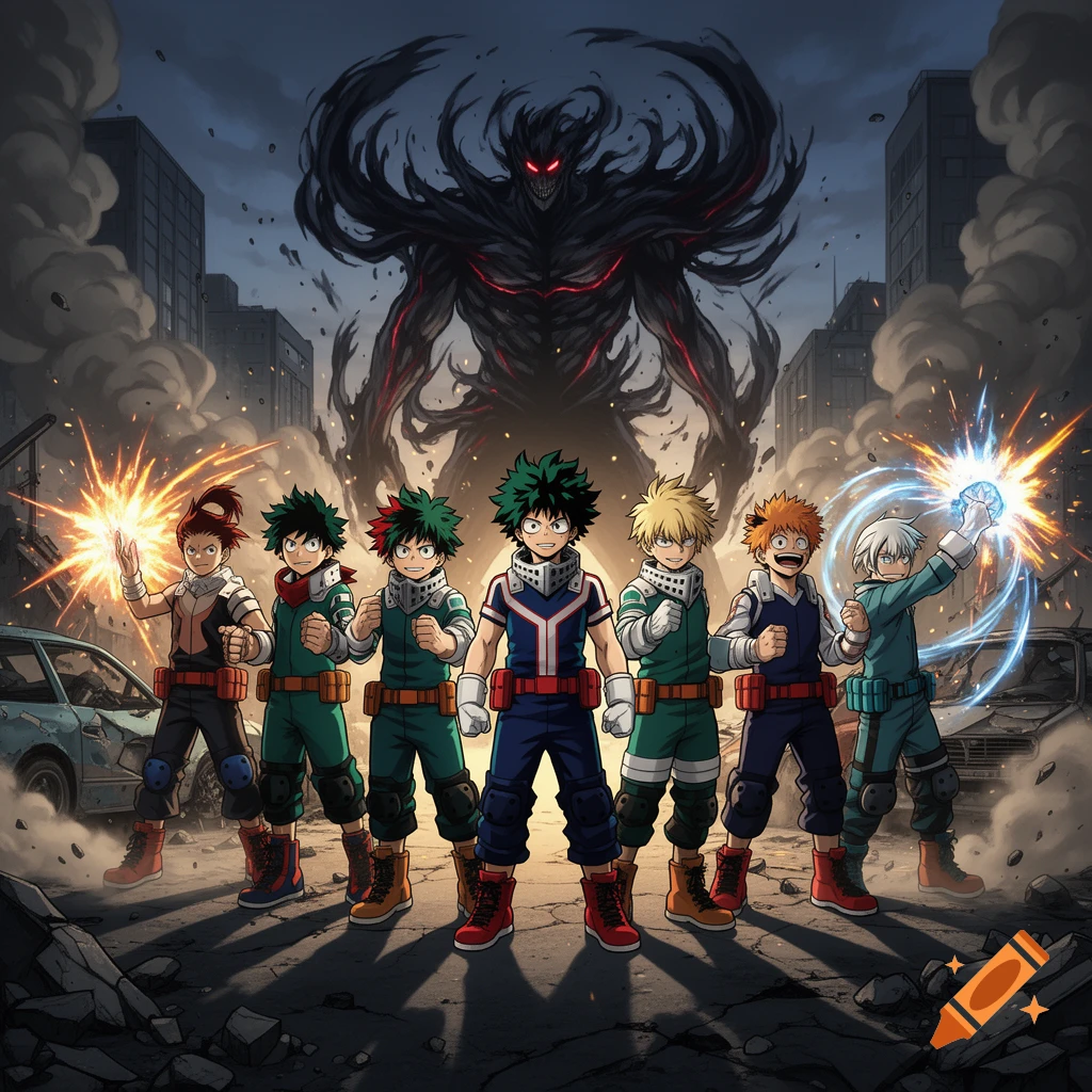 Six anime heroes from My Hero Academia stand in a ruined city, facing a giant shadowy monster in the background.