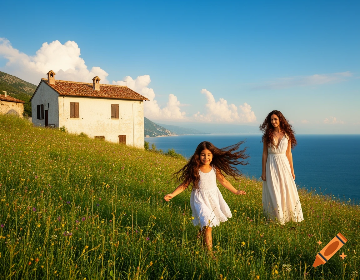 A woman and girl with long dark hair walk in a field of wildflowers on a sunny hill overlooking the Italian Adriatic Sea, a house in the background.