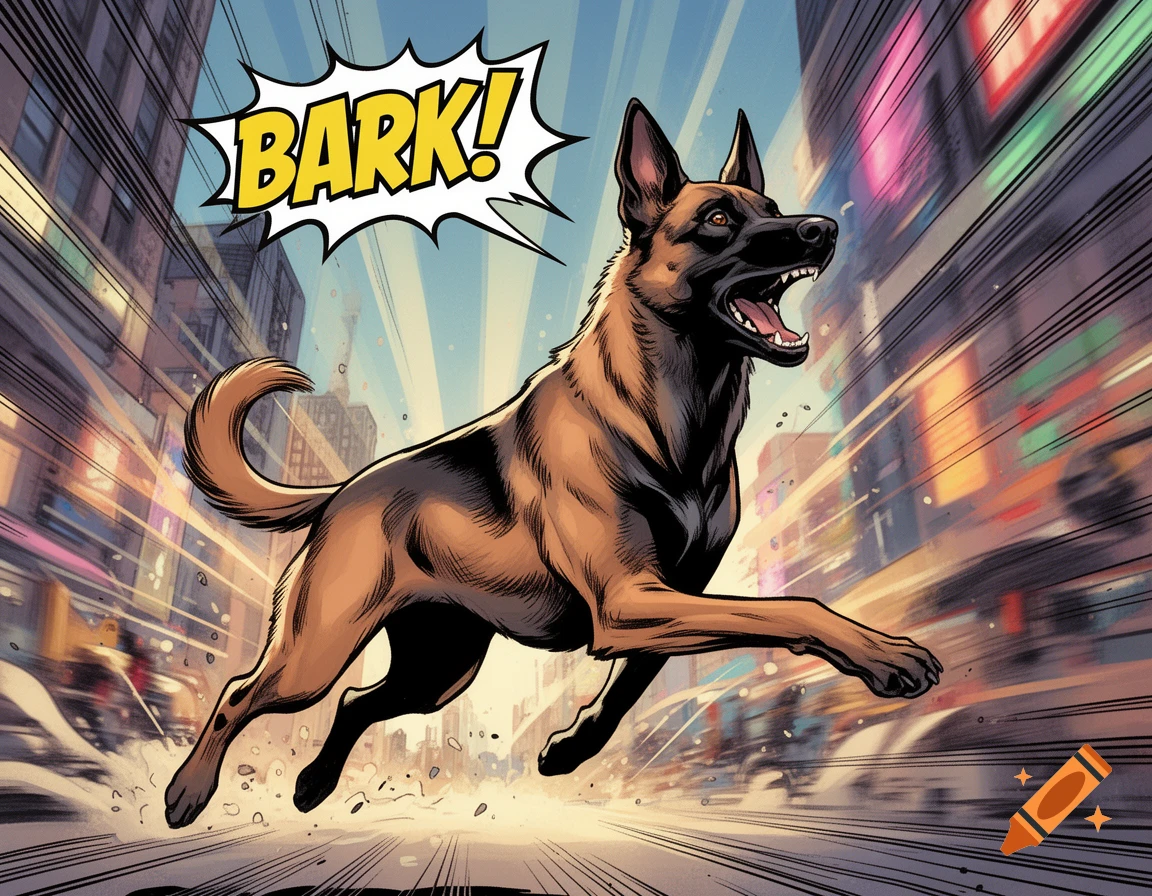 A Belgian Malinois dog barks while running through a city street in a dynamic comic book art style.