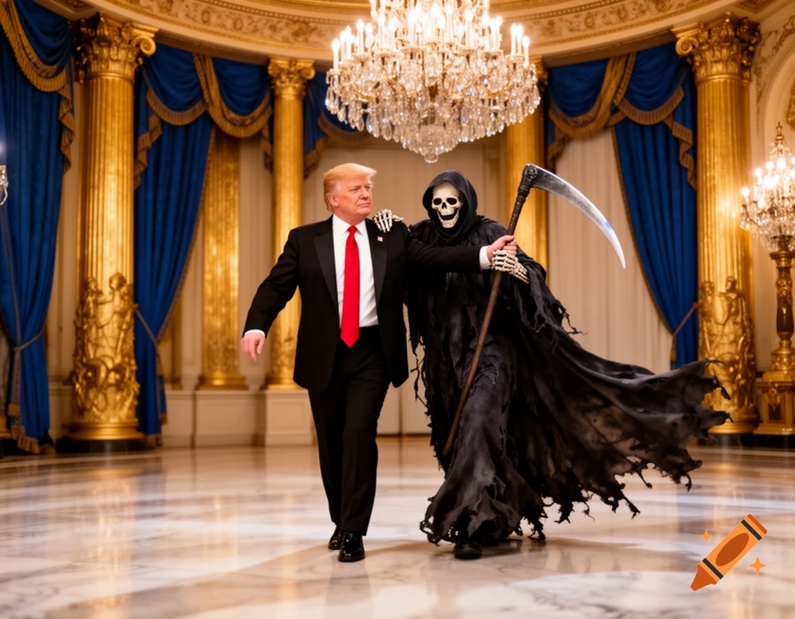 Donald Trump walks arm-in-arm with the Grim Reaper in an ornate, gilded ballroom with chandeliers, photorealistic.