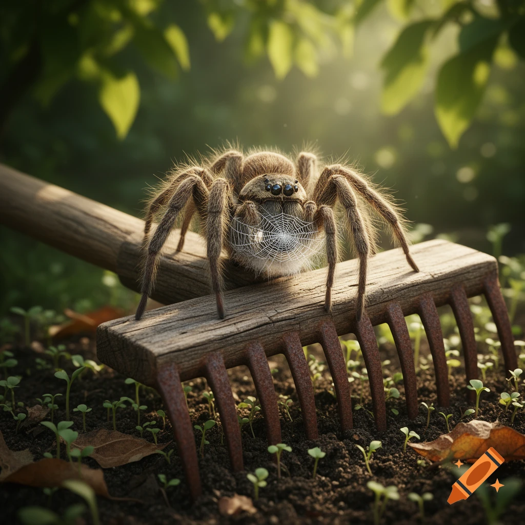 A large, hairy spider with a small web on its underside sits on a rustic wooden rake in a sunlit garden.