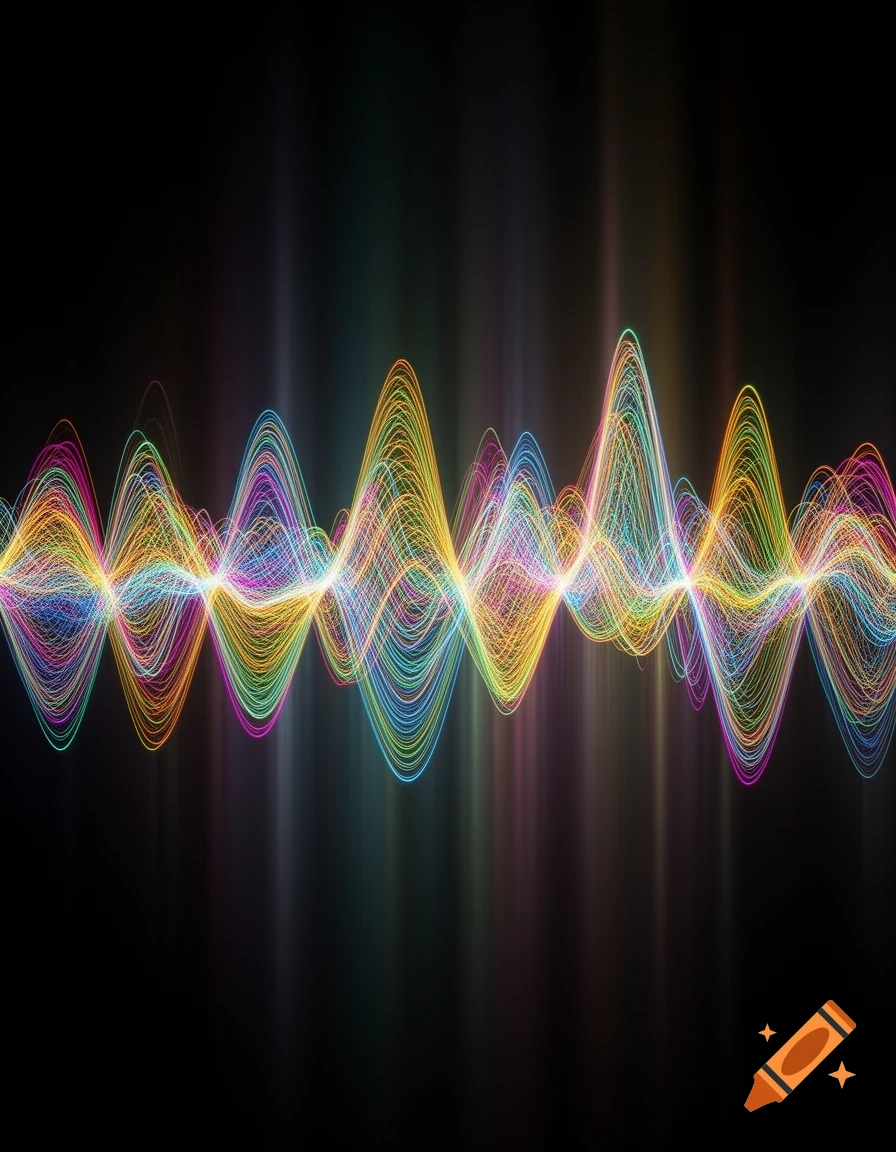 Vibrant, multicolored wavy lines representing sound waves or a spectrogram on a dark background, with glowing vertical light streaks.