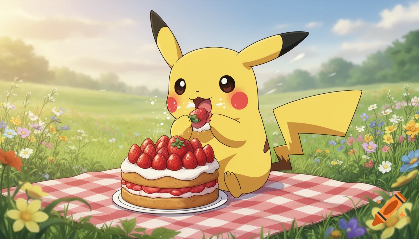 Joyful anime Pikachu eating a strawberry from a shortcake on a picnic blanket in a field of wildflowers.