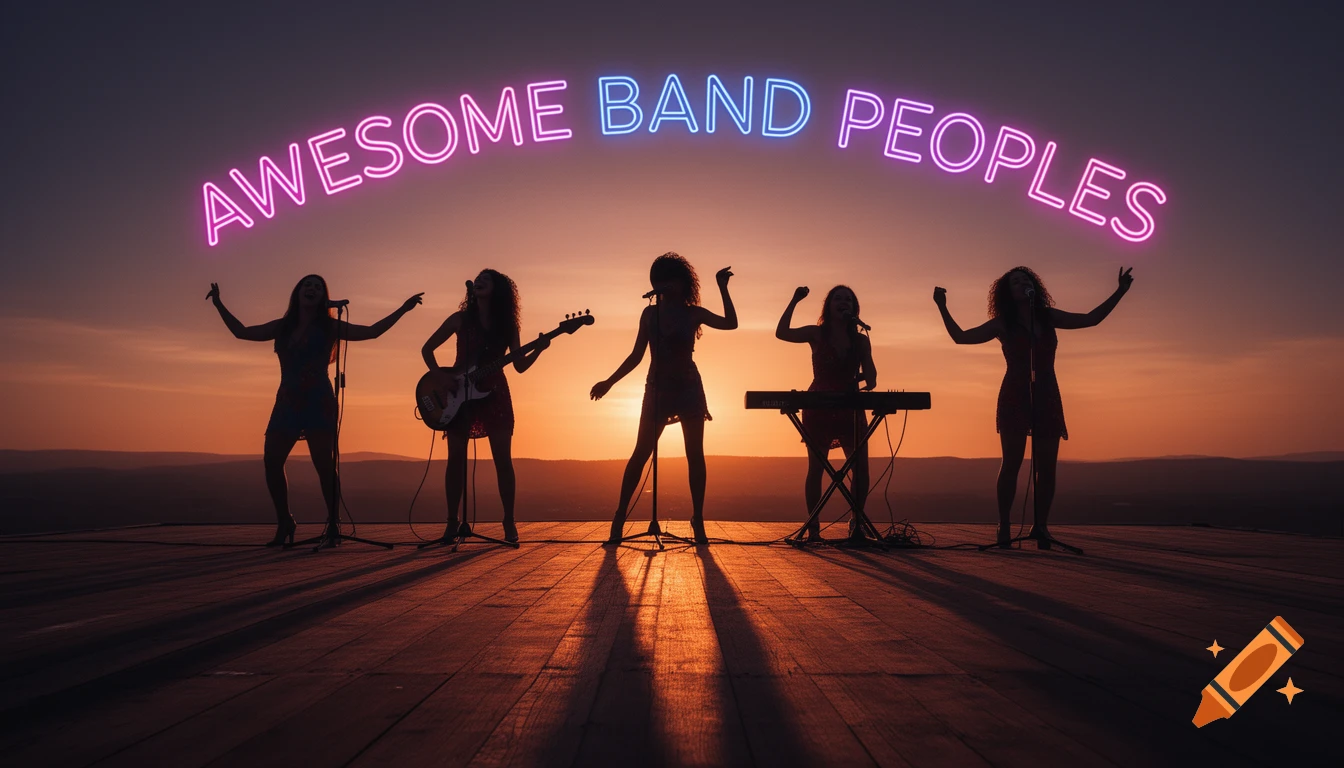 Five female musicians in silhouette on a wooden stage against a vibrant sunset, with neon text "AWESOME BAND PEOPLES" arched above them.