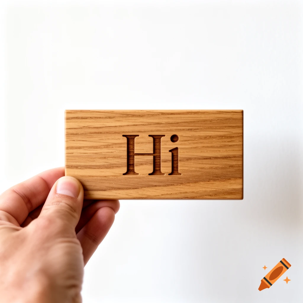 A hand holds a rectangular wooden block with the word 'Hi' carved into it, against a white background.