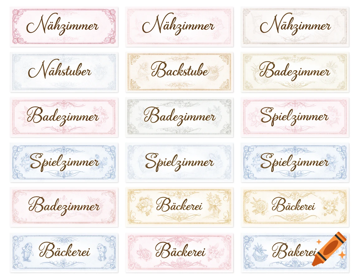A grid of pastel-colored rectangular labels with calligraphic German text for rooms like sewing room, bakery, and bathroom, in a nostalgic style.