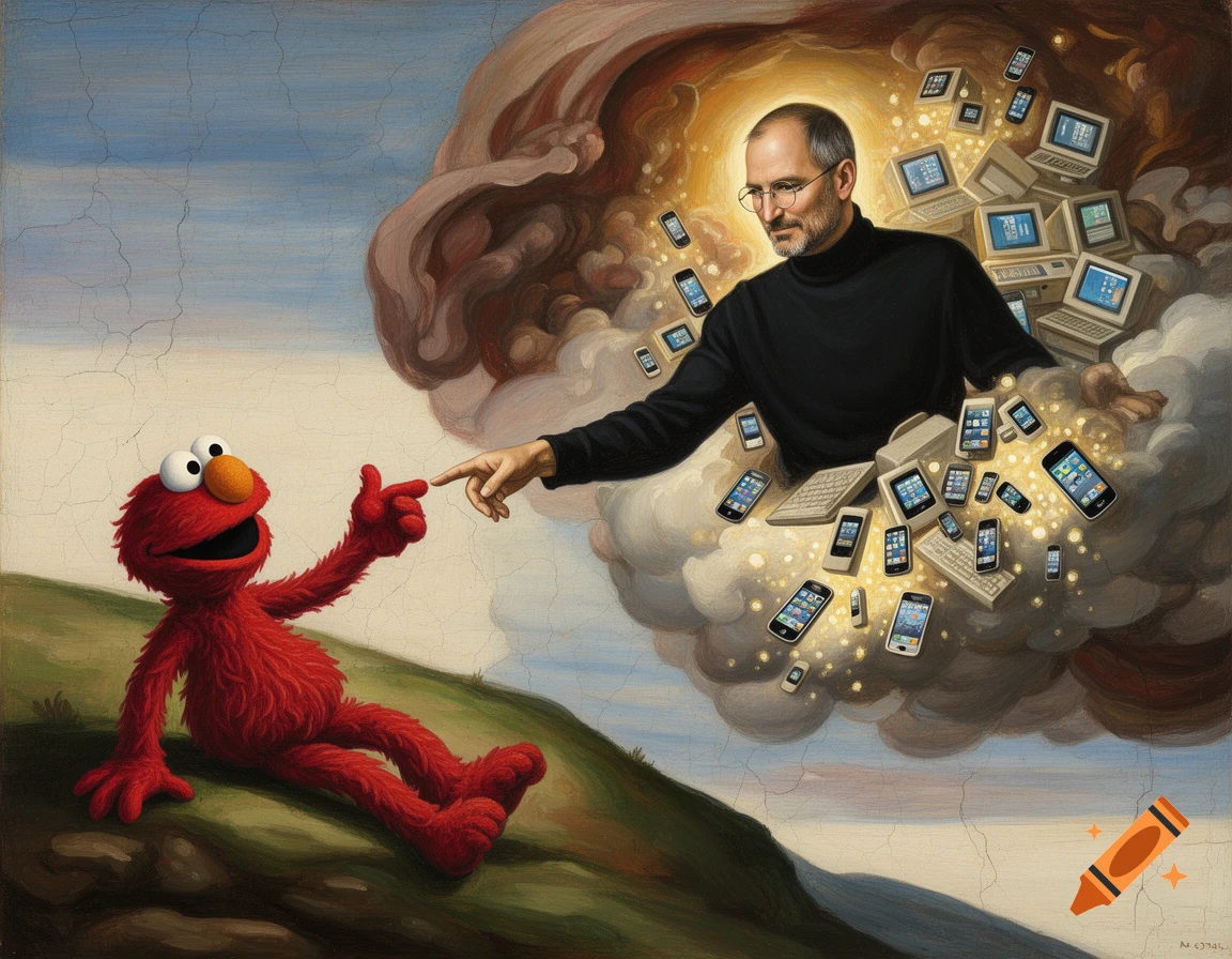 An oil painting parodying 'The Creation of Adam' with Steve Jobs as God in a cloud of tech, reaching for Elmo on a grassy hill.