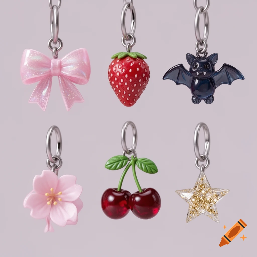 Six 3D charms including a pink bow, red strawberry, blue bat, pink sakura flower, red cherries, and a gold glitter star.