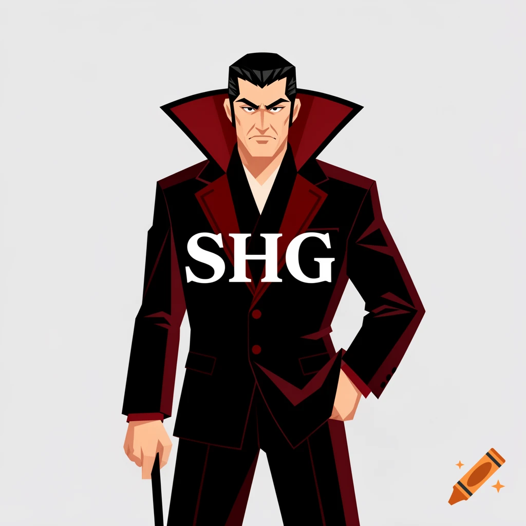 Stylized illustration of a stern man in a black and red suit with an exaggerated collar and a cane, with 'SHG' on his chest.