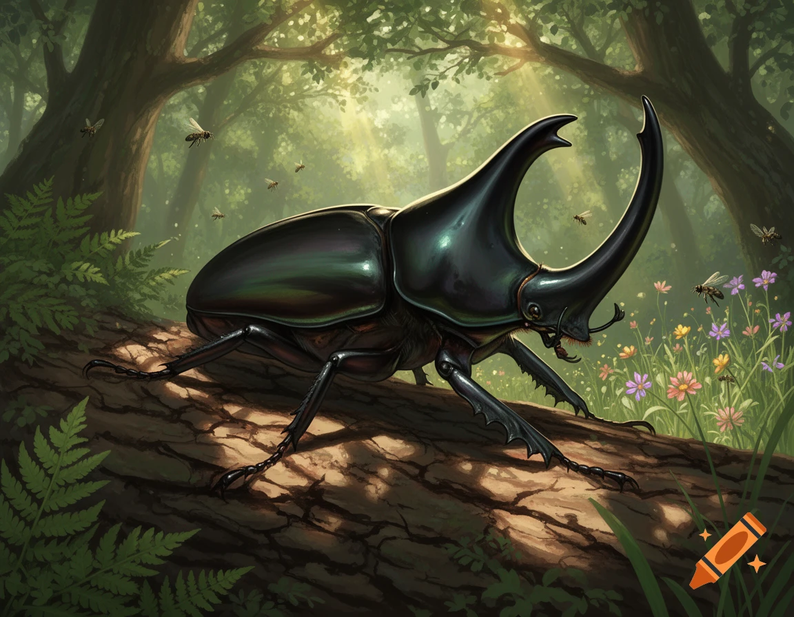 A large, dark rhinoceros beetle with prominent horns sits on a log in a sun-dappled forest, surrounded by flying insects and wildflowers.