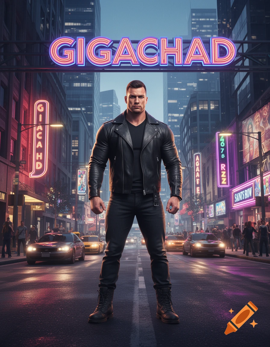 A muscular man in a leather jacket stands confidently in the middle of a city street at dusk, with neon signs for "GIGACHAD" and "SAINTS ROW" in the background.