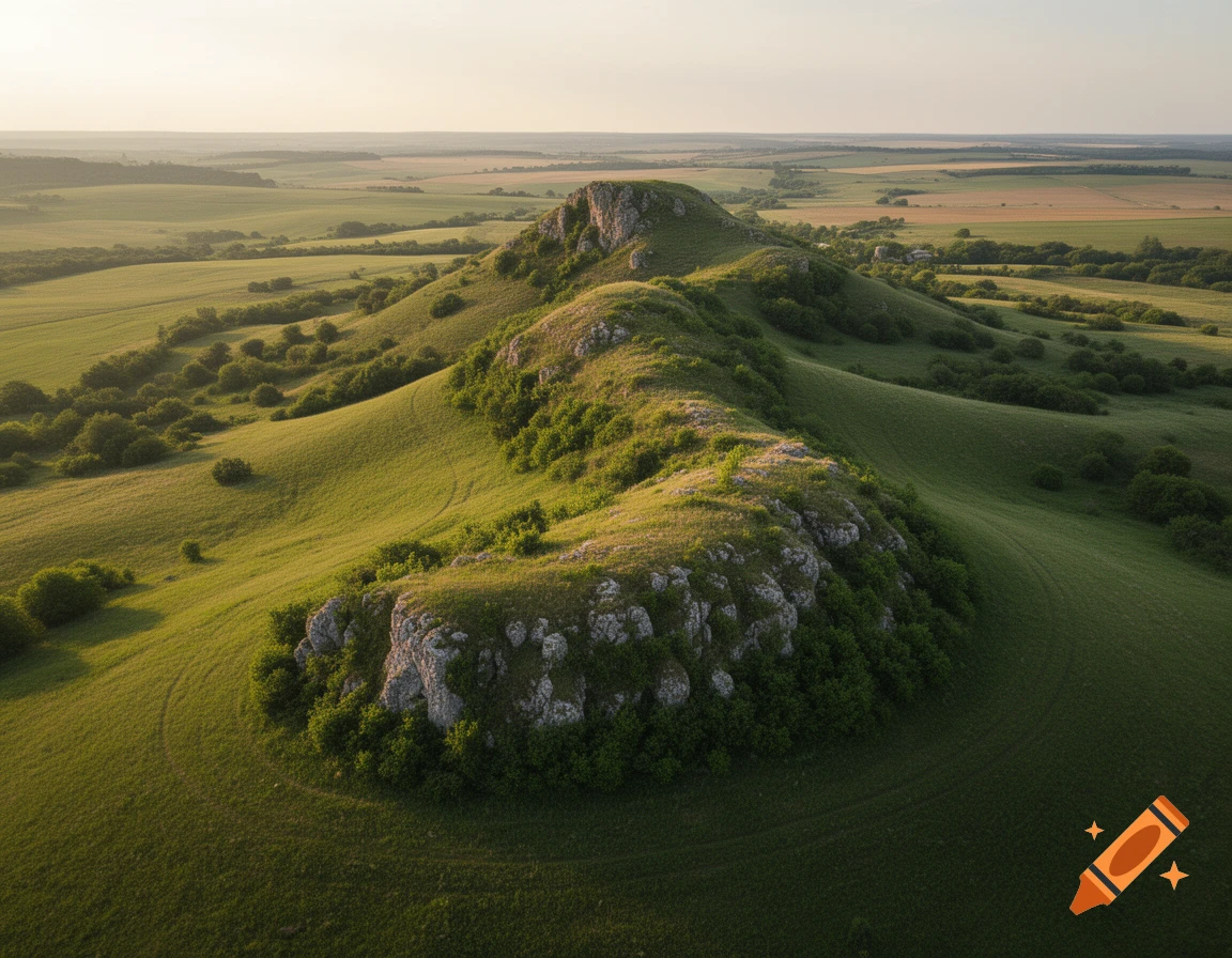 An aerial view of a verdant landscape with rolling green hills, fields, and a distinctive rocky outcrop bathed in warm sunlight.