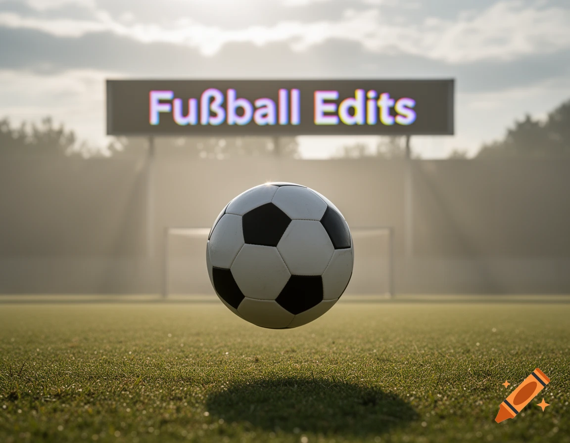 A photorealistic soccer ball floating above a grassy field, with a goal and a scoreboard displaying 'Fußball Edits' in the misty background.
