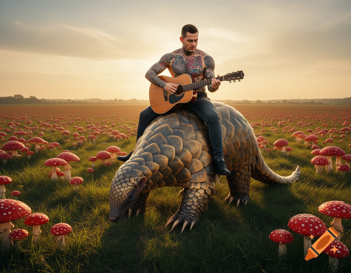 A heavily tattooed man riding a giant pangolin through a field of red mushrooms, playing an acoustic guitar at sunset.
