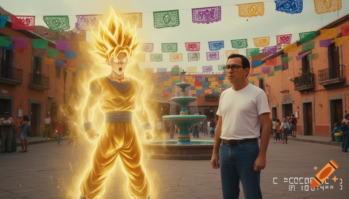 Super Saiyan Goku glowing in a golden aura stands across from a man in glasses and a white t-shirt in a vibrant Mexican street with papel picado banners.