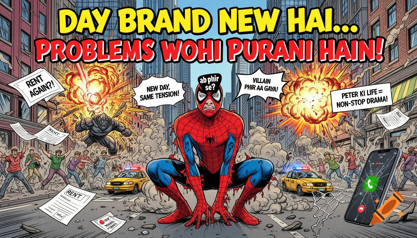Spider-Man crouches, exhausted, amidst city chaos with explosions, a villain, flying rent bills, and a broken phone, in a comic book style. Text reads "DAY BRAND NEW HAI... PROBLEMS WOHI PURANI HAIN!"