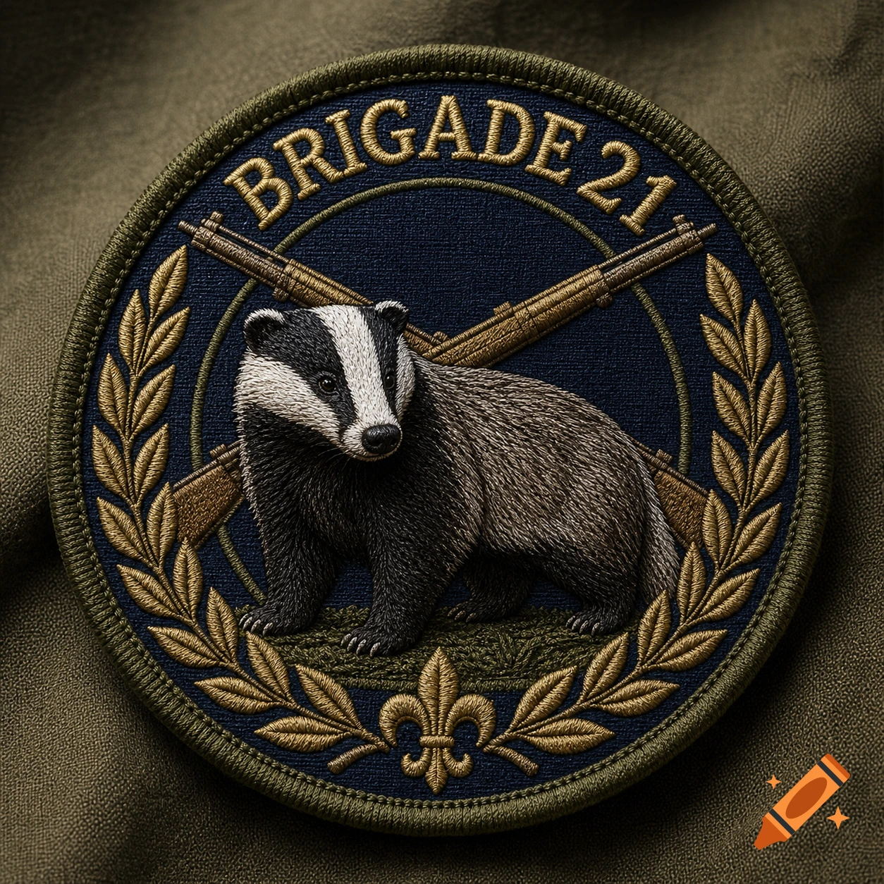 An embroidered military-style badge featuring a badger, crossed rifles, and the text 'BRIGADE 21', resting on an olive green fabric.