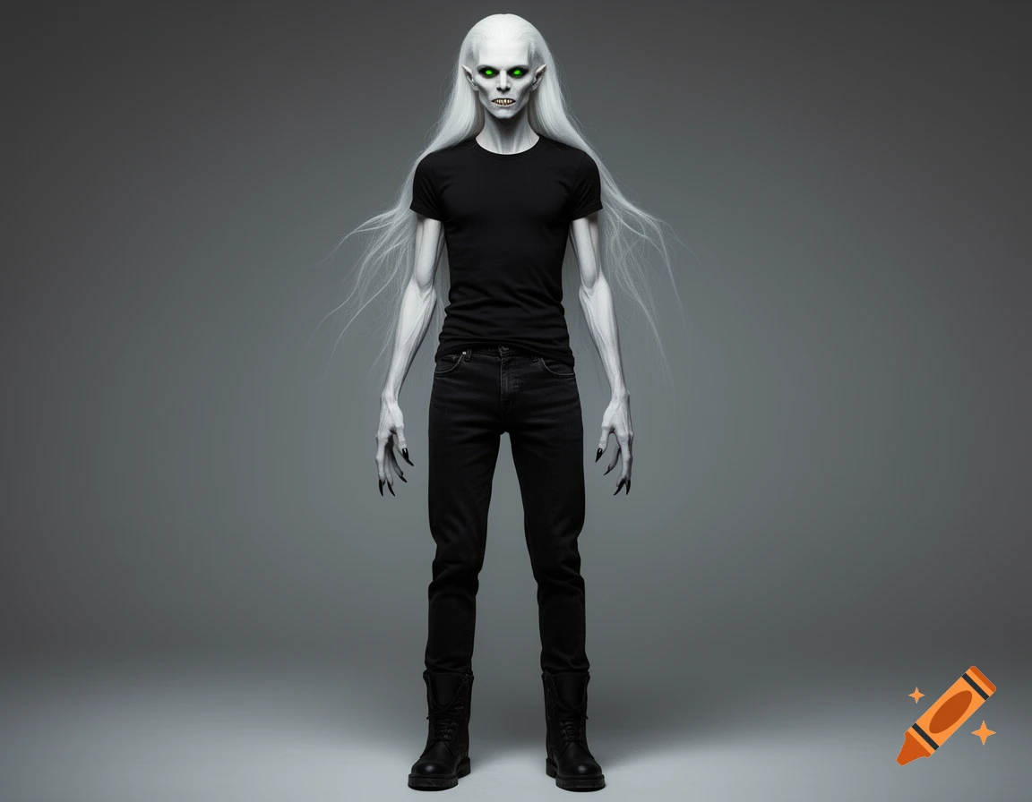 Photorealistic, thin vampire monster with long white hair, glowing green eyes, and clawed hands, in black clothes against a gray background.