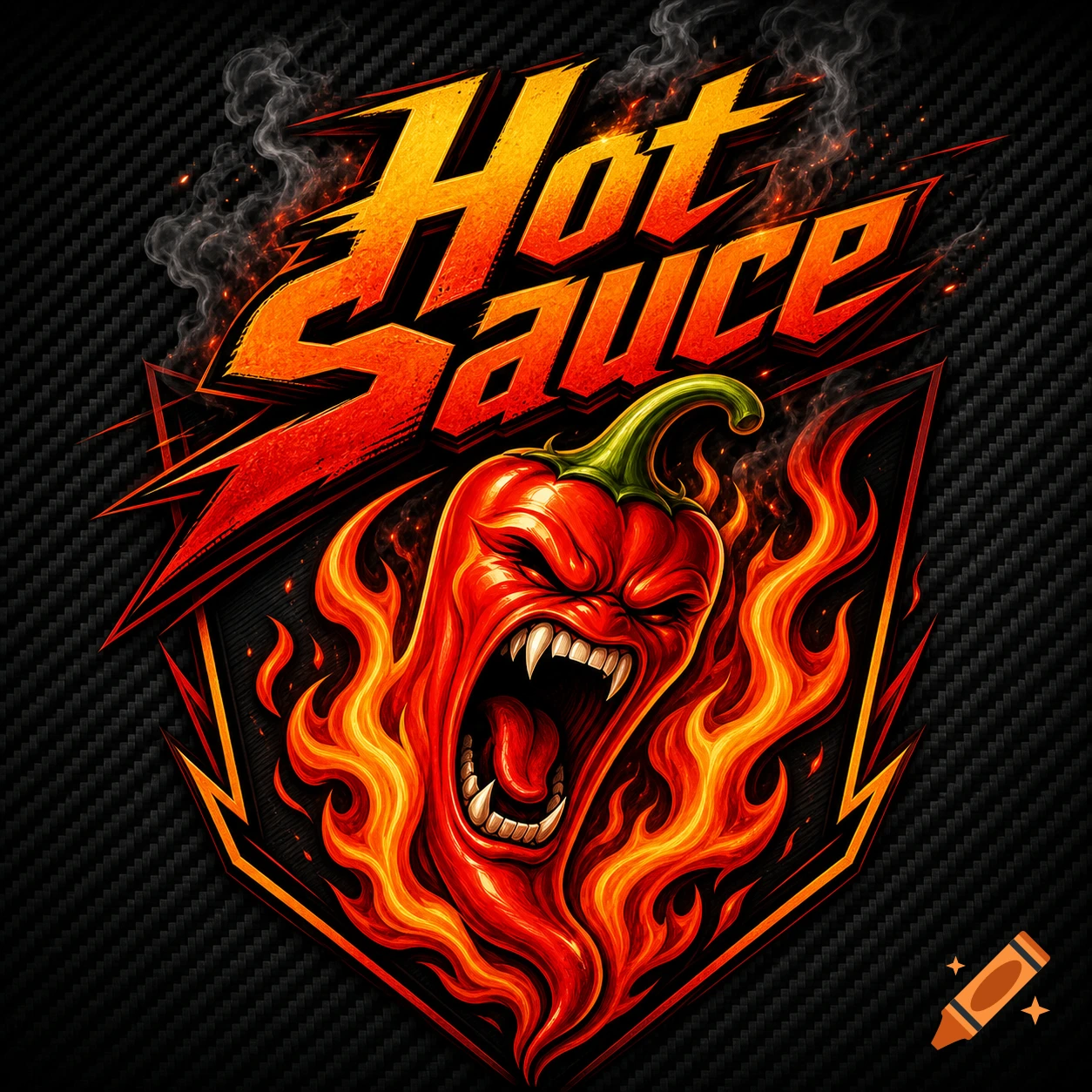 A vibrant logo featuring an angry red chili pepper with fangs and fire, under text reading 'Hot Sauce', all on a black carbon fiber background.