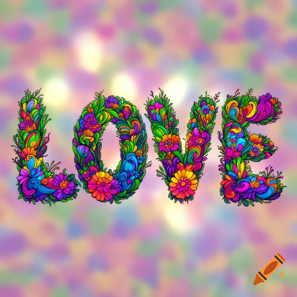 The word LOVE rendered in vibrant, psychedelic floral patterns against a blurry, colorful background.