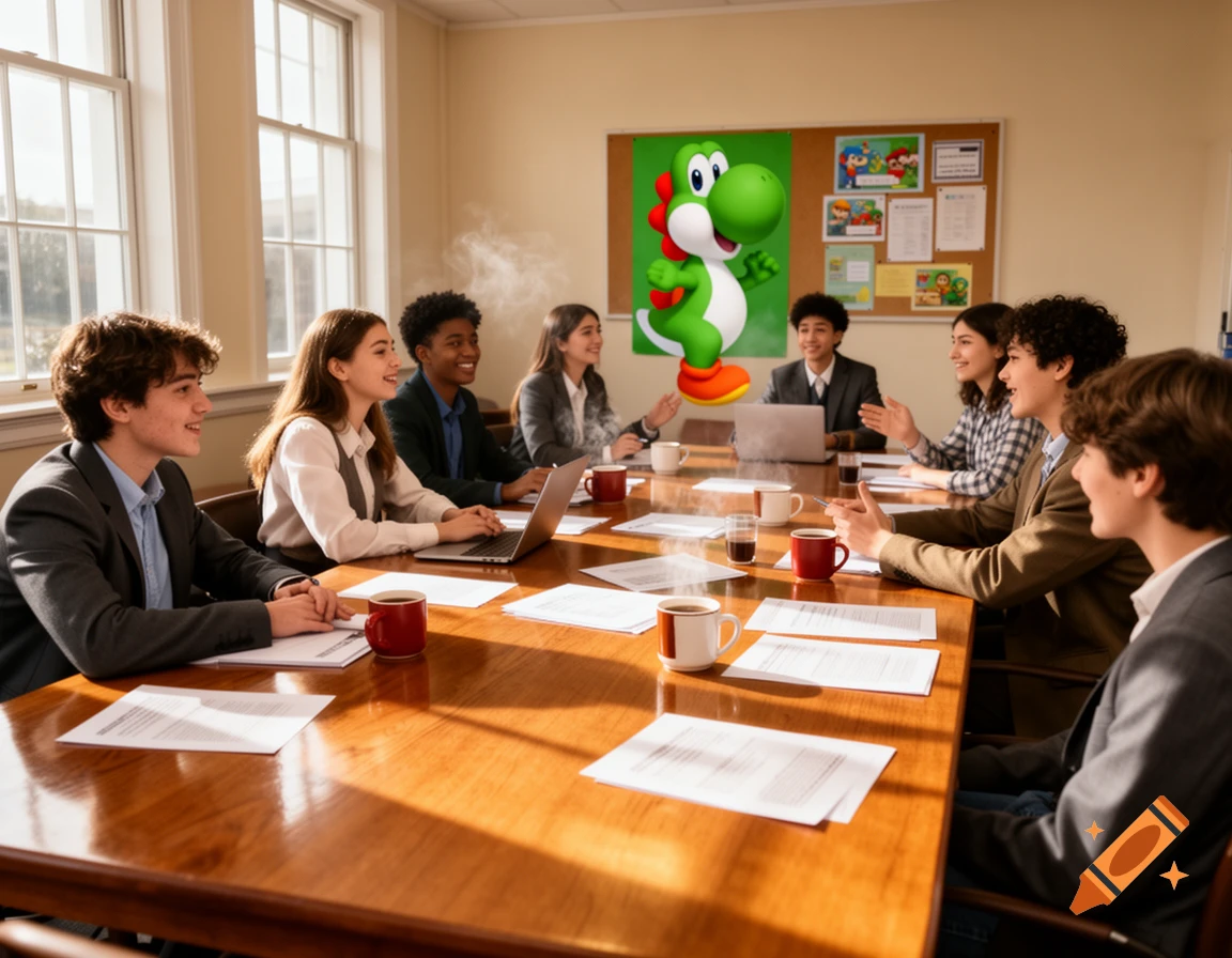 A group of smiling students in business casual attire seated around a polished wooden table in a sunlit meeting room, with a large cartoon Yoshi poster on the bulletin board behind them.