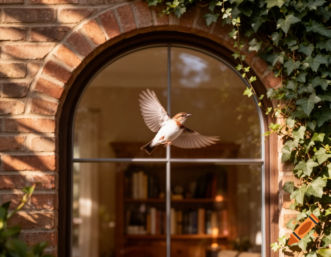 A small bird with outstretched wings flies past an arched window on a brick building covered in ivy, with a blurred interior view.