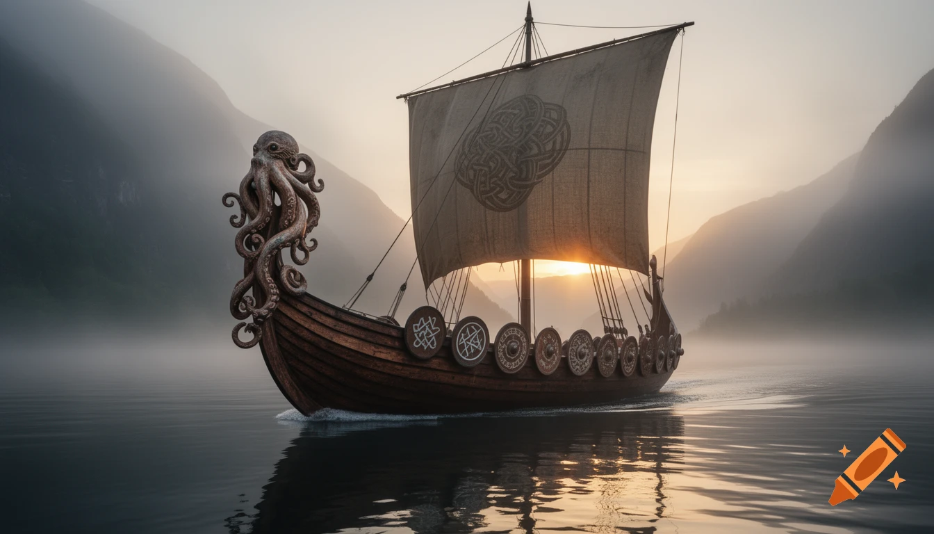 Photorealistic Viking longship with an octopus figurehead sailing a misty fjord at sunrise, golden light on water and mountains.