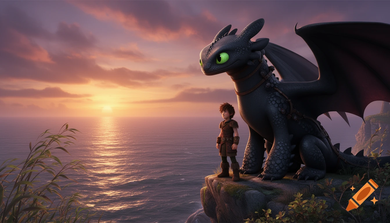 Hiccup and Toothless stand on a cliff overlooking a vast ocean at a vibrant sunset, in animated style.