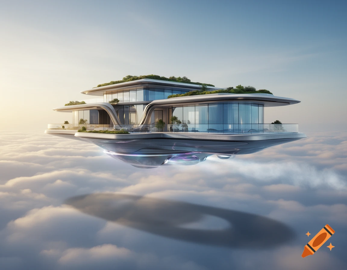 A photorealistic, futuristic mansion with glass walls and rooftop gardens, floating above a sea of clouds at sunset.