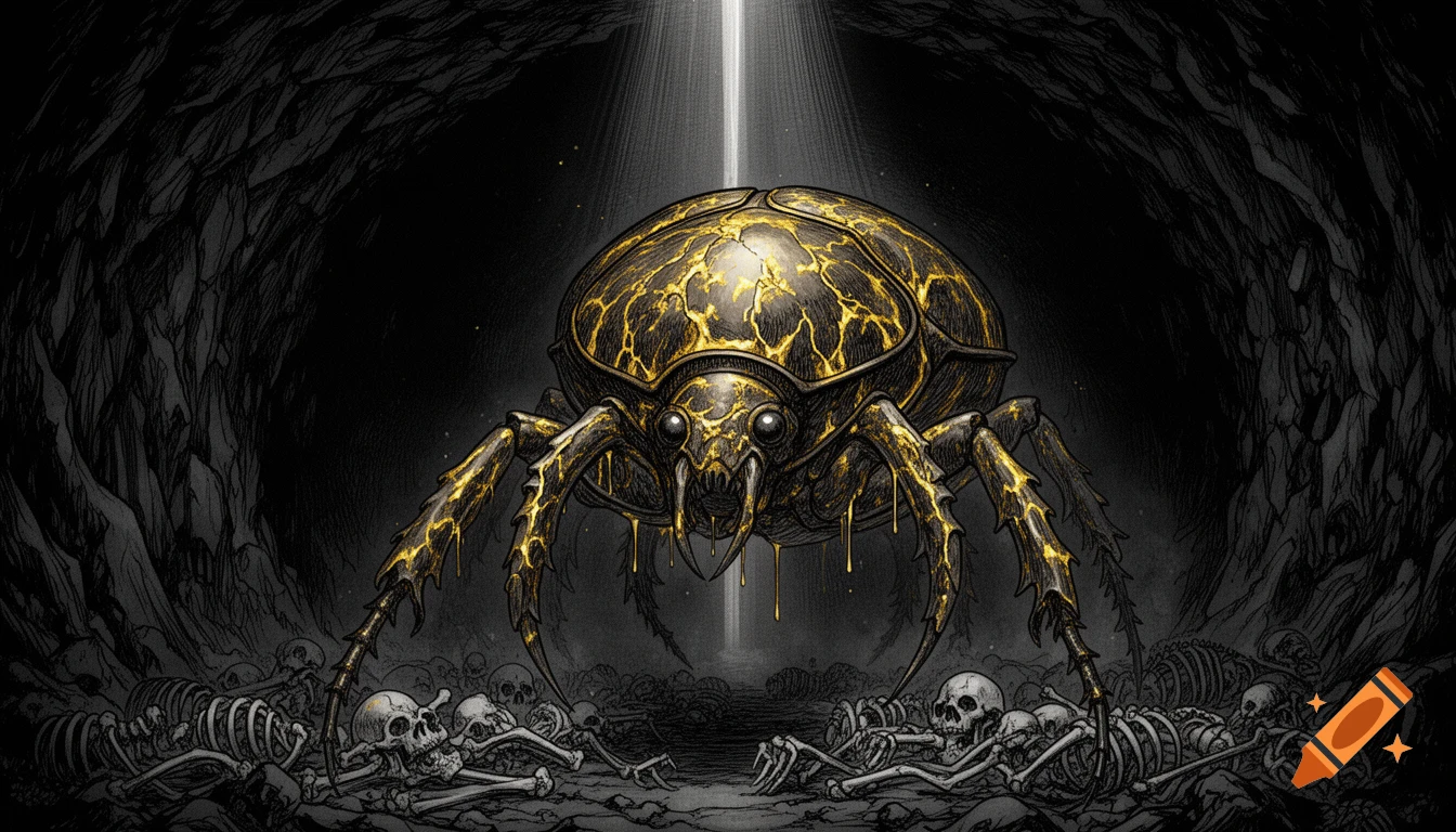 A massive, gold-veined beetle creature with spider-like legs stands over skeletal remains in a dark, cross-hatched cave with a single light beam.